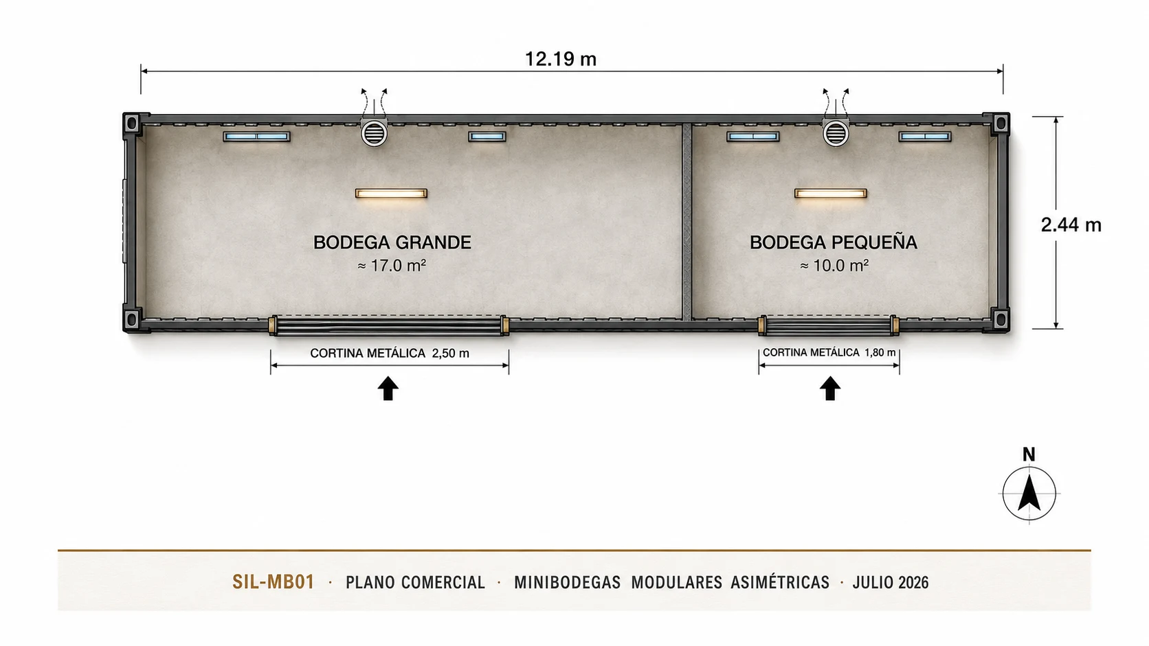 Plano comercial y distribución de las minibodegas modulares asimétricas